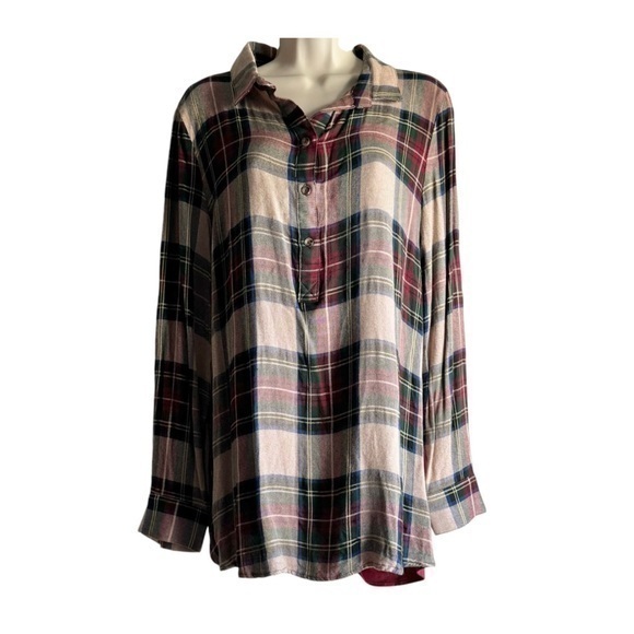 MARLEYLILLY Plaid Mixed Media Popover Tunic Top - Picture 1 of 8